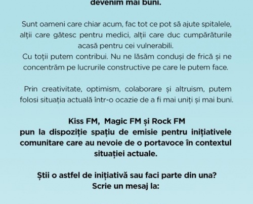 Kiss FM, Rock FM și Magic FM oferă spațiu de emisie gratuit pentru inițiativele în lupta COVID19